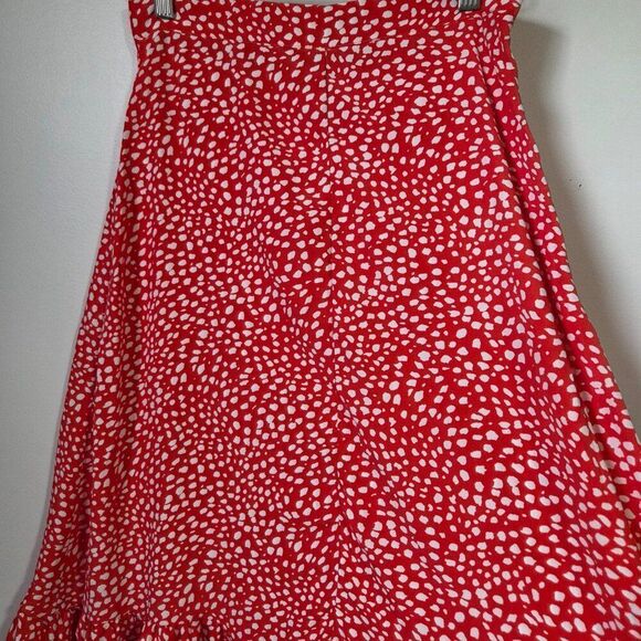 LIKE NEW SHEIN RED WHITE SPECKLED MIDI SKIRT RUFFLED BOTTOM SIZE SMALL - Picture 4 of 14